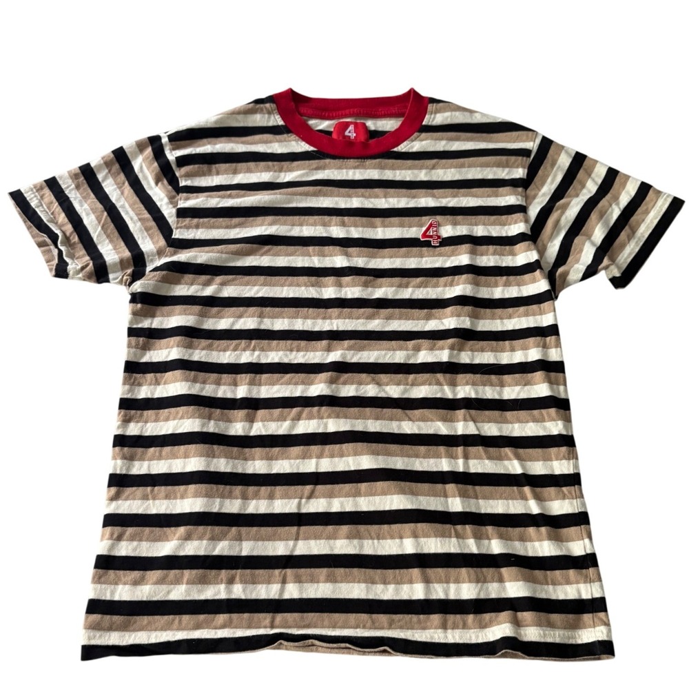 4Hunnid Striped T-Shirt Medium YG Streetwear Skater Tan Black Red Ringer Tee